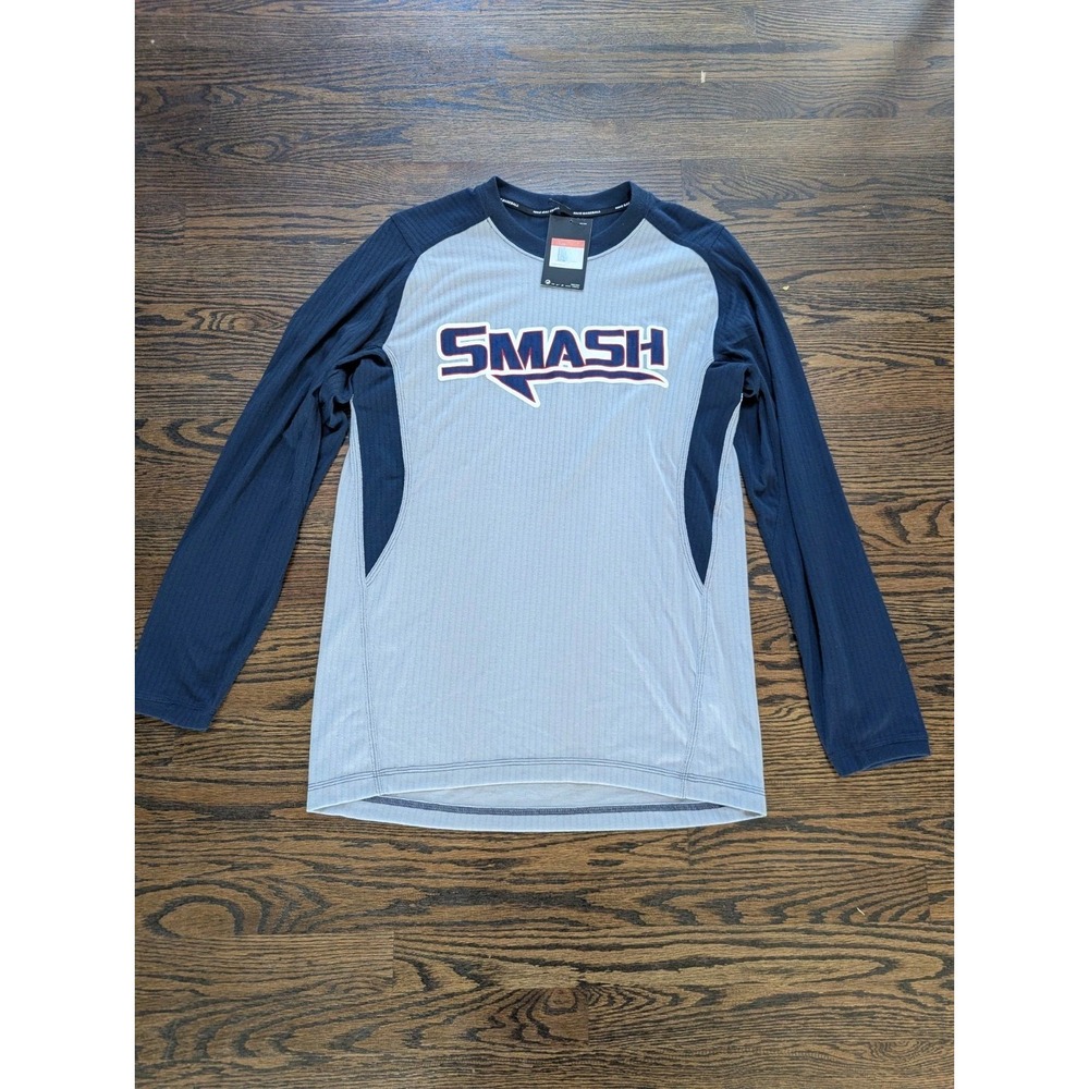 New! Nike Baseball Shirt Mens Size L Gray Navy Blue Raglan Smash Graphic Logo